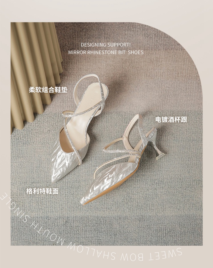Sandal cao gót nữ mũi nhọn bít mũi đính đá phong cách Pháp — Y781 màu bạc chi tiết 5