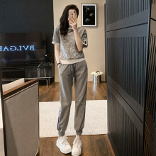夏季运动休闲套装女短袖2025新款时尚潮流小个子炸街灰色两件套潮