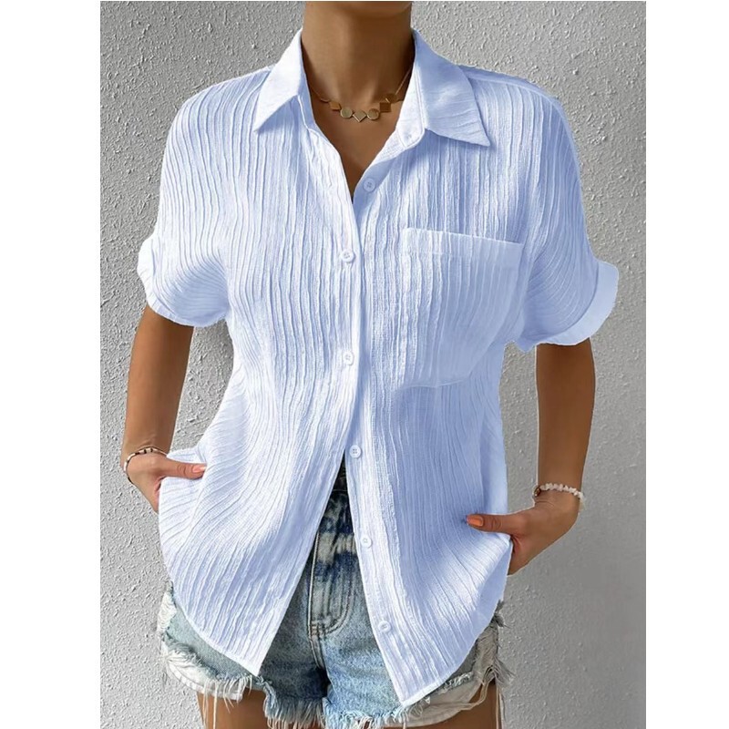 2024 Summer Pocket Short-Sleeve Solid Color Casual Lapel Raglan Sleeve Shirt Women's Urban Style Commuting