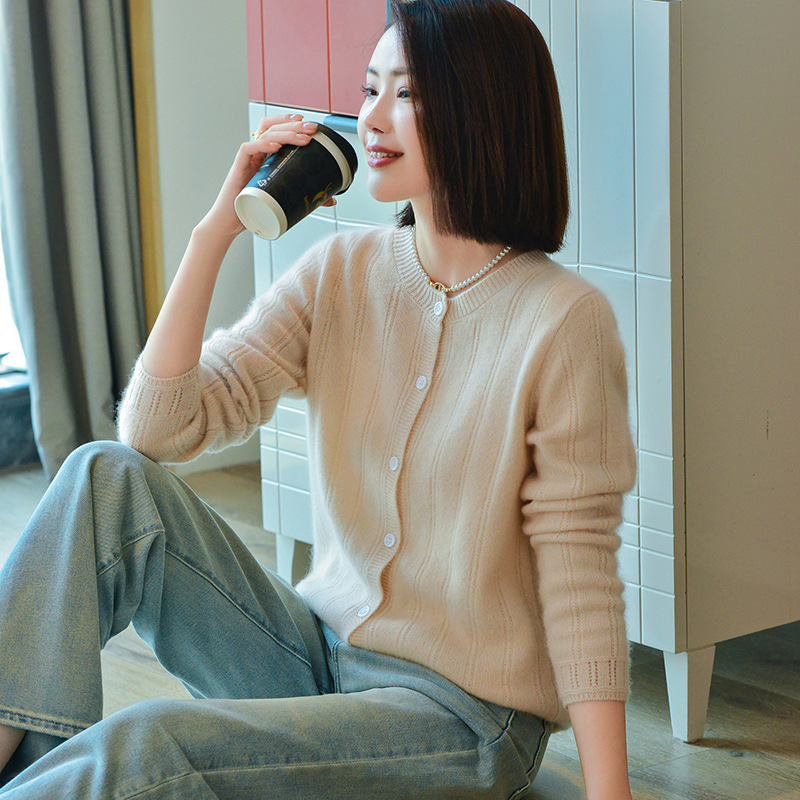 100 Pure Wool Knitted Cardigan Women's Lace Autumn and Winter New Solid Color Round Neck Sweater Coat Wool Outer Tops