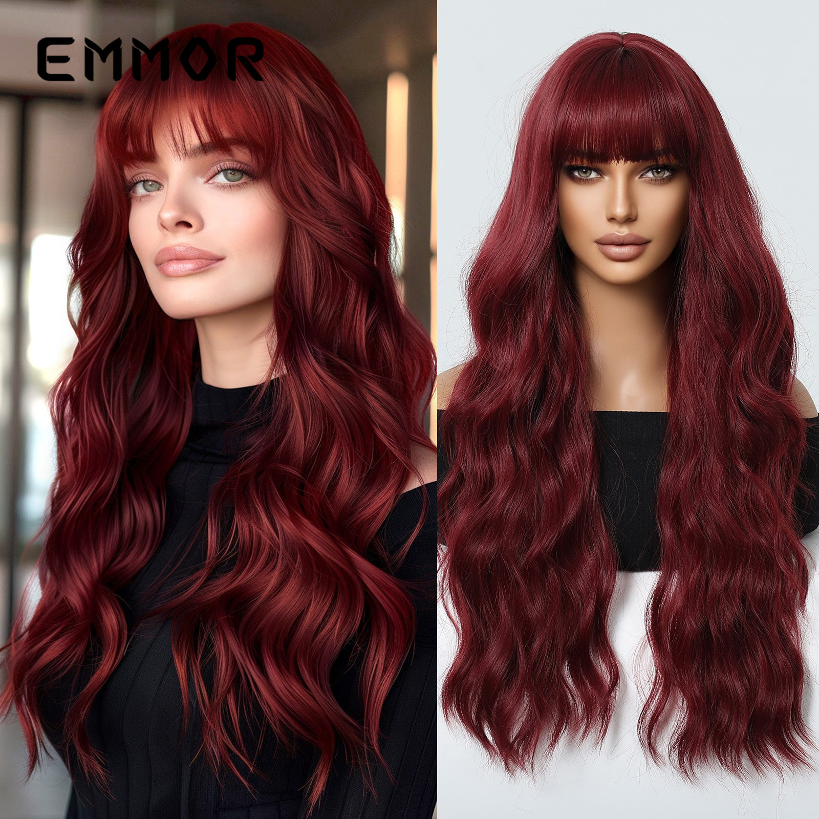 Estilo europeo y americano rojo vino flequillo olas grandes y cintura larga rizada temperamento peluca de moda cabello completo tipo wigs