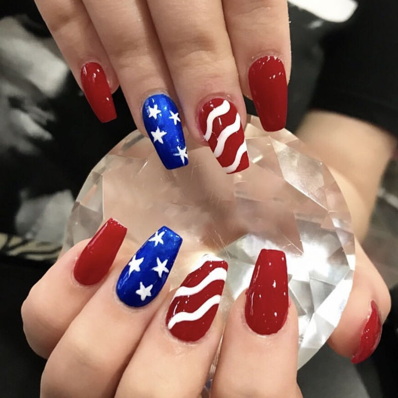 Independence Day Fake Nail Patch Short T Ballet Armor Red White Blue Stripe Star Nail Patch Removable Nail Nails