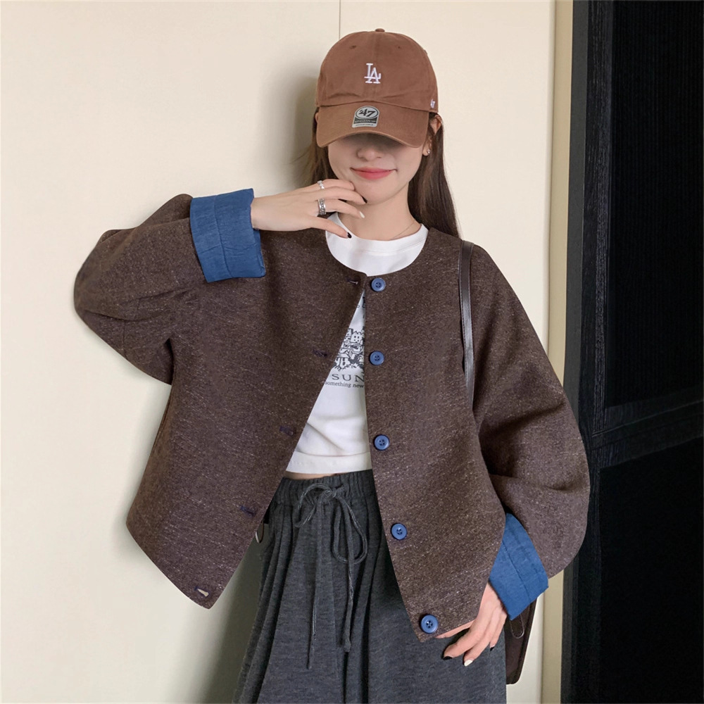 College Style Contrasting Color Thin Woolen Outwear for Women Autumn and Winter 2025 New Small Woolen Outwear Unique Design Popular