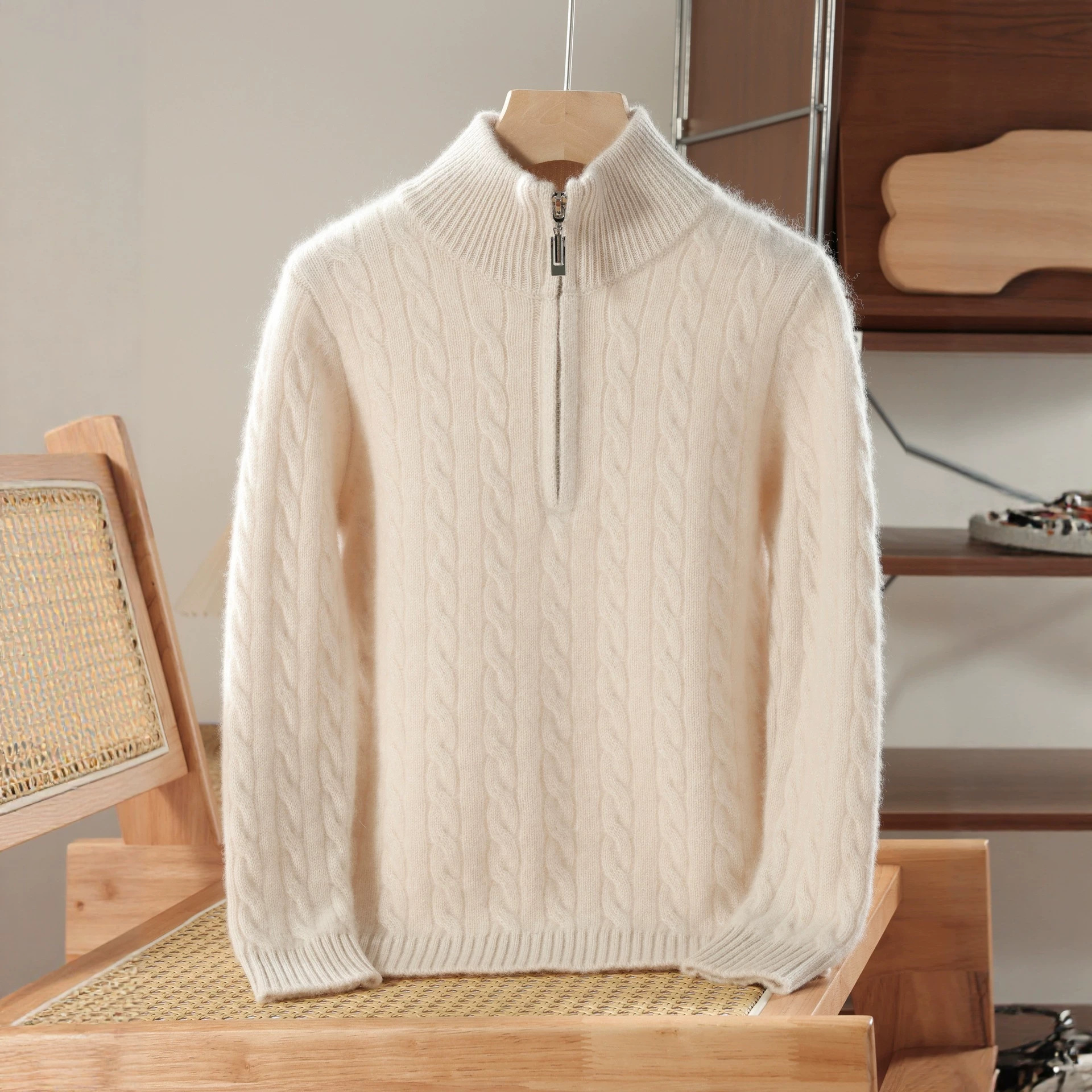100% pure wool children's half-zip twisted turtleneck sweater, cable knit cardigan, autumn and winter children's clothing, dropshipping available.