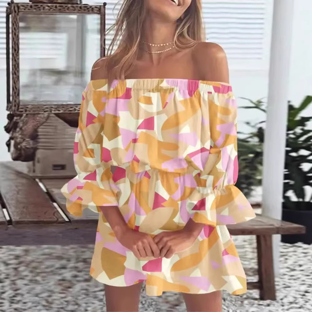 Vestido sexy de moda con estampado de un solo hombro para mujer, estilo europeo y americano, para el mercado transfronterizo de Amazon, 2023
