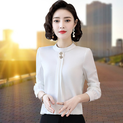 2021立领气质通勤白色长款纯色套头民族风长袖不规则修身衬衫|ms