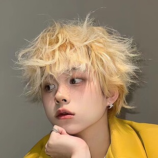 Wig Men's Blonde Short Curly Hair Fashionable Latin American Curl Men's High Hairstyle Micro-Curl Air Bangs Retro Men's Full Head Cover