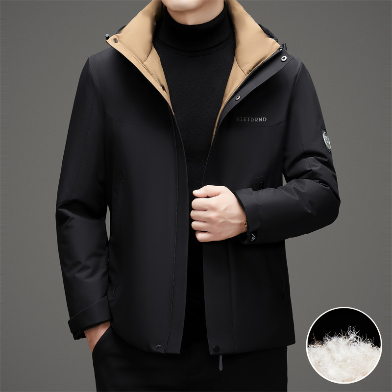 2025 Winter Lightweight Warm down Jacket for Middle-Aged Men, Business Casual Style, Detachable Hood, Duck Down, Dad's Coat