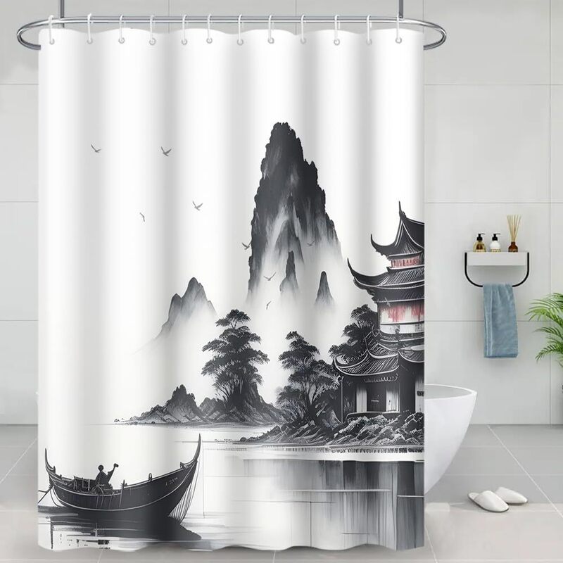 Cross-Border Shower Curtain Chinese Traditional Ink Landscape Shower Curtain Digital Printing Bathroom Toilet Waterproof and Mildew-Proof Partition Curtain Cross-Border Shower Curtain Chinese Traditional Ink Landscape Shower Curtain Digital Printing Bathroom Toilet Waterproof and Mildew-Proof Partition Curtain