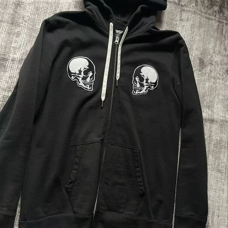 Silver fox fleece American retro double skull print hooded unisex loose-fitting fleece-lined thickened sports sweatshirt