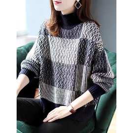 2024欧货撤柜尾货外贸半高领打底外穿毛衣撞色宽松显瘦针织衫上衣