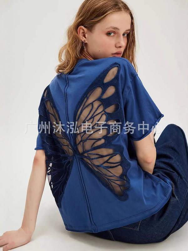 2025 Amazon AliExpress ストリート中空蝶ホットガールスタイルインルーズショートラウンドネック Tシャツ|undefined