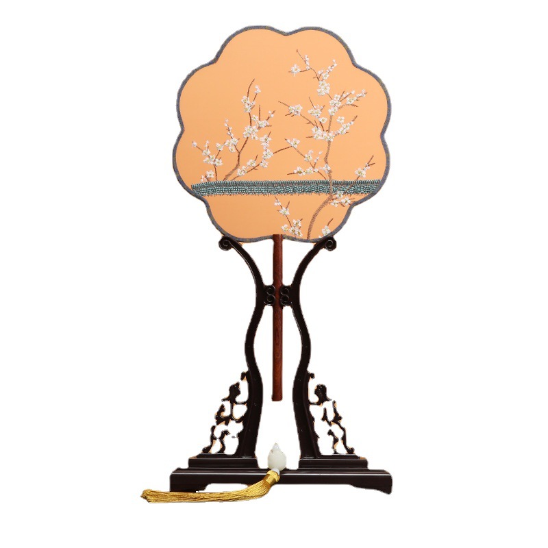 Estilo antiguo translúcido abanico redondo de mango largo bordado abanico redondo corte clásica abanico de bordado femenino estilo chino ventilador de la danza al por mayor