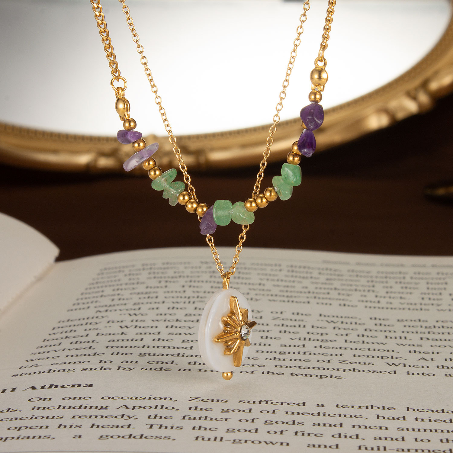 European and American Double Layered Natural Stone Necklace with High Grade Feeling Beimu Octagonal Star Pendant Stainless Steel Necklace for Women_voghion.com