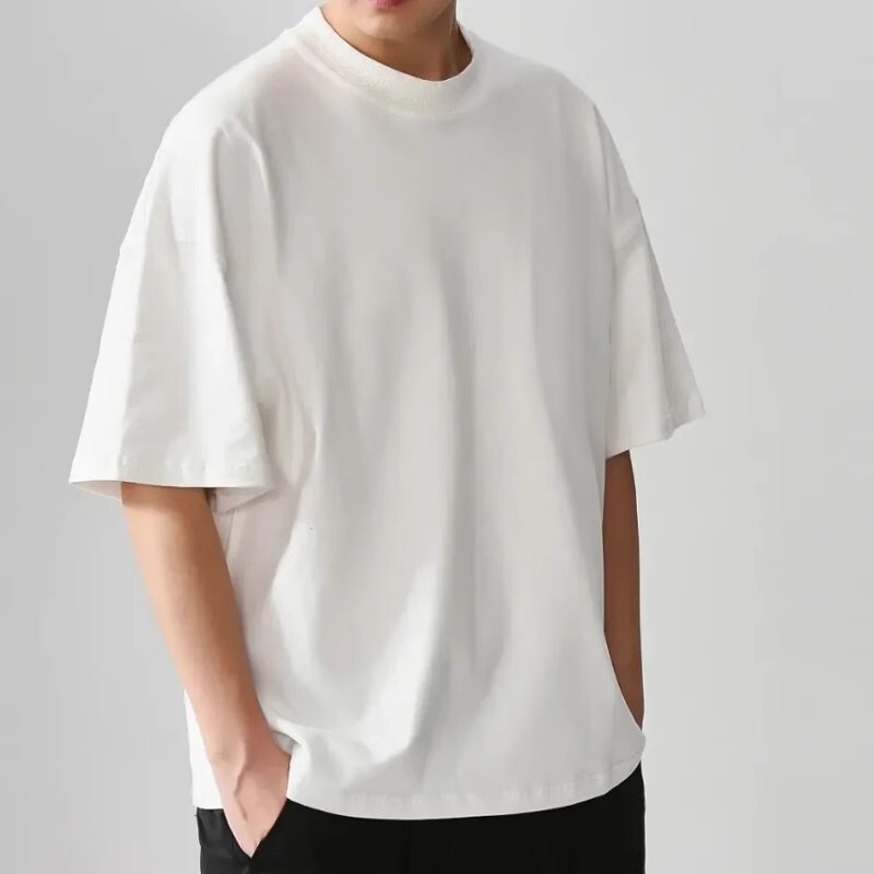 320 グラムヘビーウェイトアメリカンスモールネック Tシャツメンズピュアコットンルーズ半袖ラウンドネックボトリングシャツオフショルダーホワイトインナー|undefined