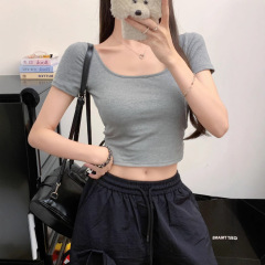 A115 # 黒の質感uネックtシャツ半袖夏半袖服短いタイプ露出臍大きなネックコルセット