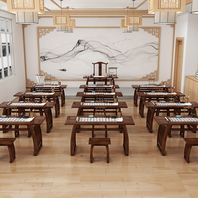 榆木国学桌 新中式实木桌子学习培训辅导班课桌椅毛笔书法专用桌|undefined