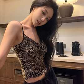 汇兴达【官图 原版布料】夏季新款纯欲辣妹风豹纹蕾丝拼接吊带背