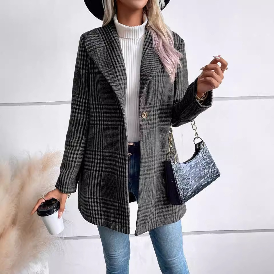 Damenbekleidung Herbst und Winter Damen Revers Wollkarierter Mantel Schlanker Temperamentmantel_voghion.com