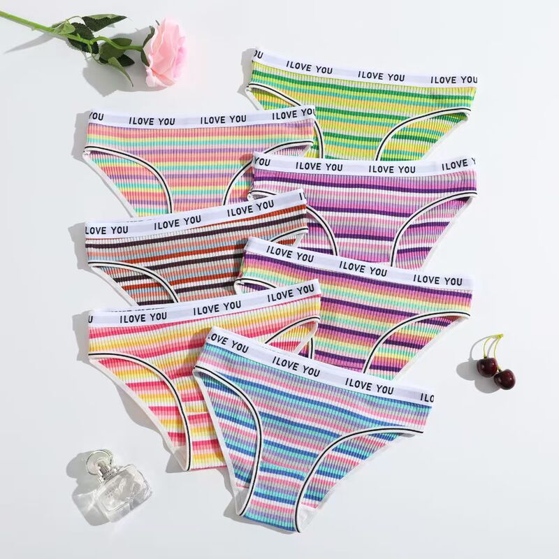 New Pure Cotton Threaded Women's Colorful Threaded Briefs Low-Waist Breathable Double-Layer Girls' Underwear Factory Direct Approval