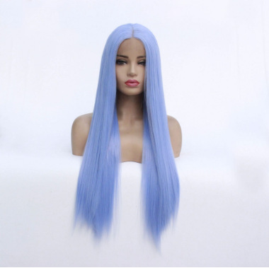 Europeas y estadounidenses pelucas populares damas azul claro pelucas de cabello largo recto fibra química delantera encaje cubierta LW0209