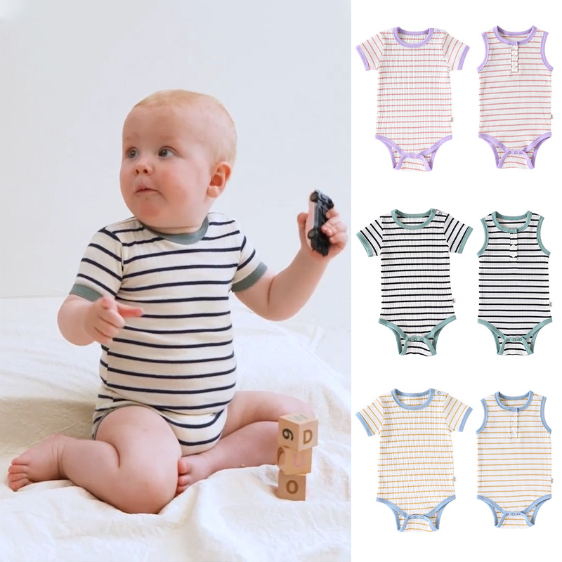 2026 Summer Baby Romper Pure Cotton Class a Unisex Baby Short-Sleeve Striped Onesie Newborn Triangle Crawling Suit