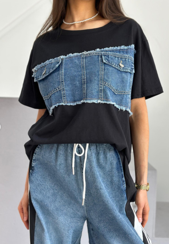 Women's Clothing stitching denim T shirt pants Xiuxian suit two piece set_voghion.com