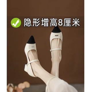 新款尖头时装玛丽珍女鞋拼色国风显瘦内增高粗跟单仙女风坡跟鞋女
