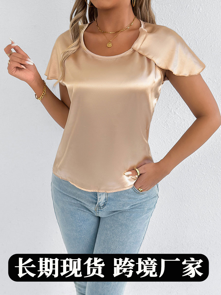 Camiseta de verano de satén de mujer europea y americana de tiro real, camisa de seda de imitación satinada de comercio exterior de alta gama de manga corta, Europa y América