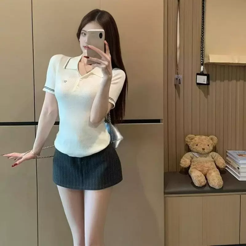 经典简约刺绣修身polo领针织衫女夏季新款显瘦百搭气质T恤上衣服