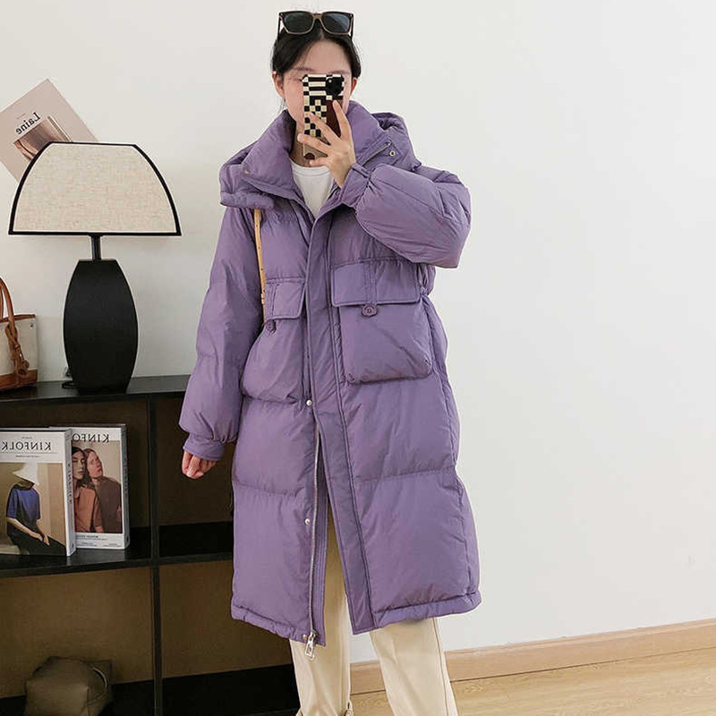 Women's down Jacket 2026 New Korean Style Long Over-The-Knee Thick Hooded Loose Casual Trendy Coat with Large Pockets