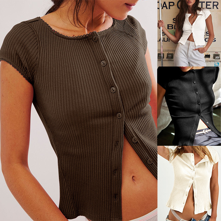 2026 Summer New Style Sexy Hot Girl Buttoned Short-Sleeved Ribbed Cardigan Top Fashionable Versatile T-Shirt for Women