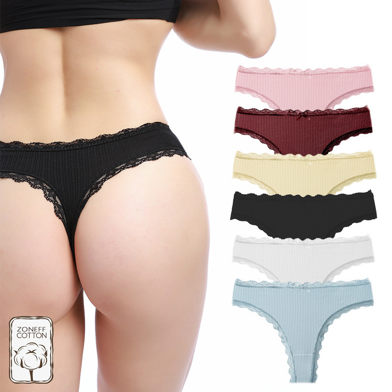 Women's Lace-Trimmed Cotton Briefs, Bow-Knot Low-Rise T-Back Panties, European and American Plus-Size Women's Thongs