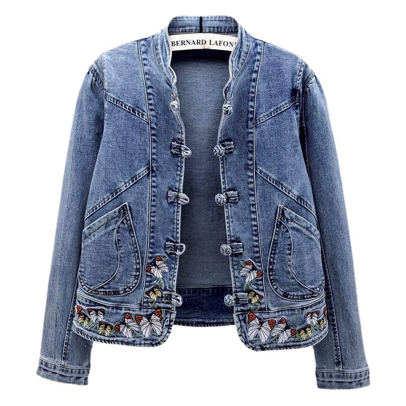 Весна и осень новое джинсовое пальто женская короткая универсальная эластичная куртка с вышивкой в стиле ретро в китайском стиле Тонкий Топ Мода