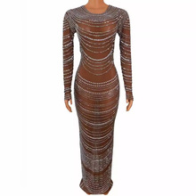 跨境热卖性感奢华闪亮水钻网纱透视连衣裙欧美女歌手gogo演出服