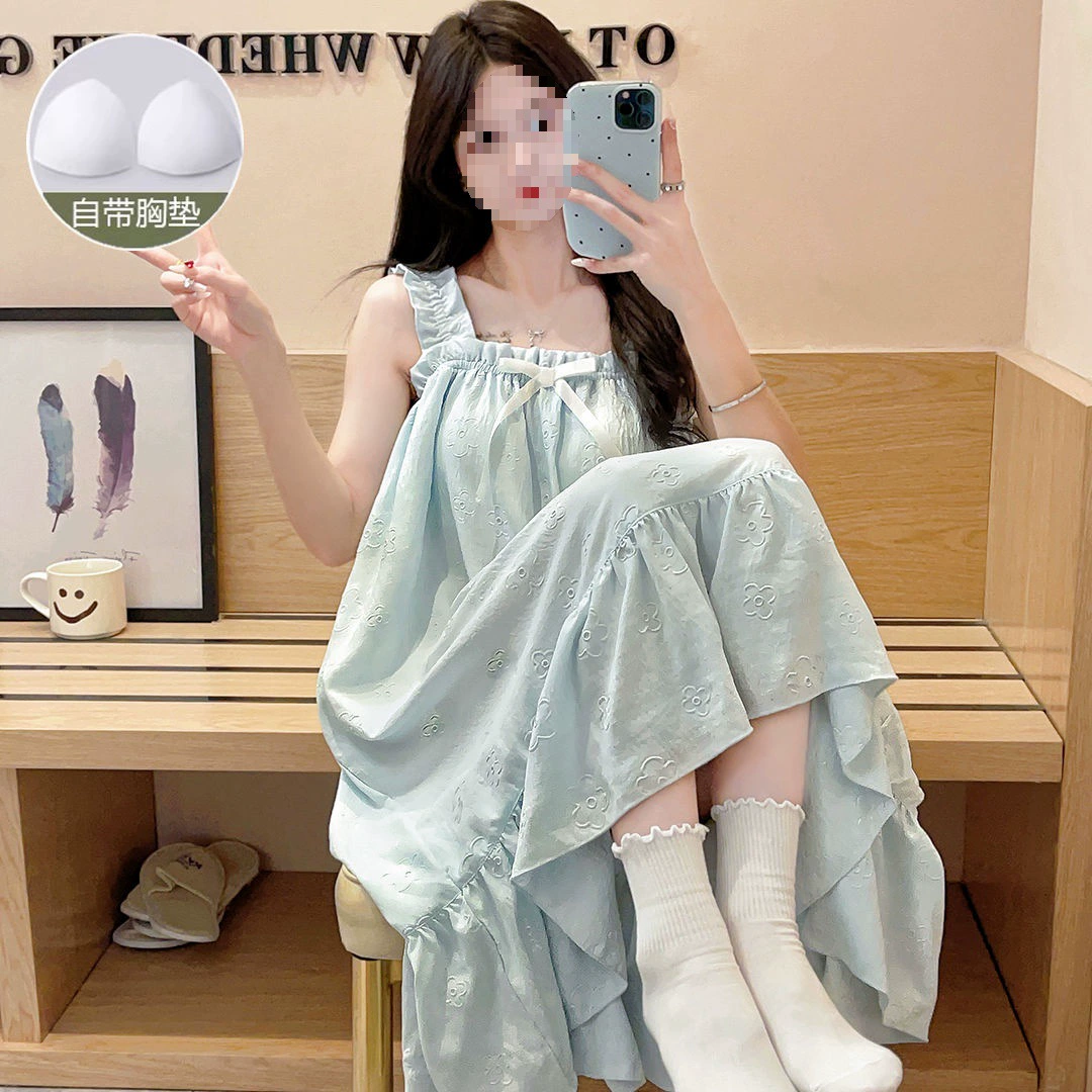 Ночная рубашка женская, новая летняя ночная рубашка с нагрудной подкладкой на подтяжках, милая, милая, хлопковая, свободная, можно носить на улице, домашняя одежда