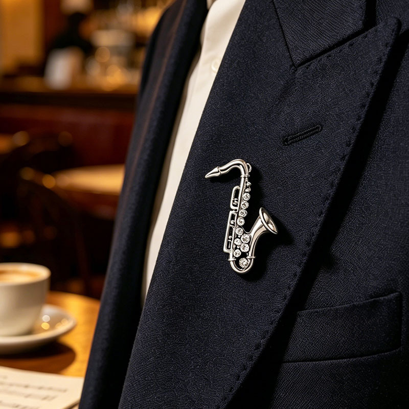 Estilo retro broche de saxofón personalidad de nicho de aleación de diamante de moda broche traje abrigo pin image 2