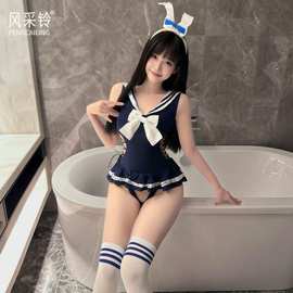 可爱禁欲系校园兔女郎制服免脱诱惑泳衣女绑带连体衣裙F139