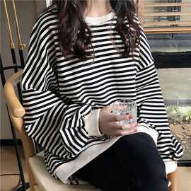 五笔蟹韩系条纹长袖t恤女春秋薄款新款内搭慵懒风宽松百搭上衣ins
