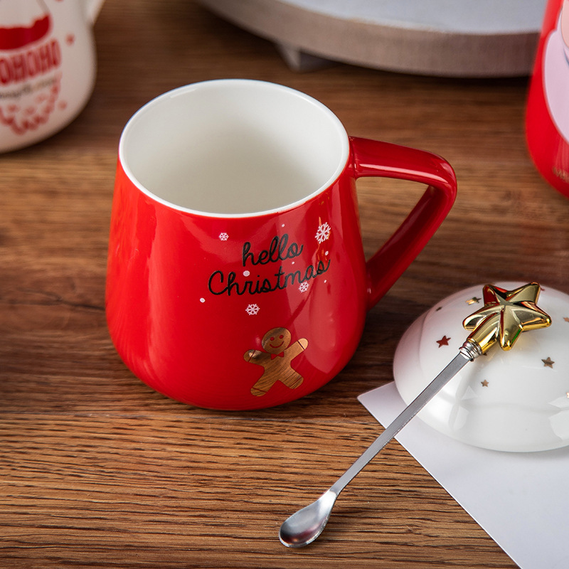 创意陶瓷圣诞杯时尚色釉杯带盖带勺瓷杯厂家批发马克杯水杯咖啡杯