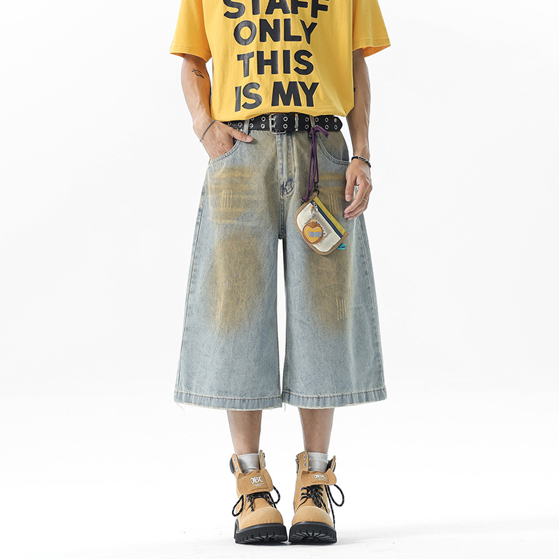 American Retro Wide-Leg Cropped Jeans for Men, Summer Washed Distressed Straight Mid-Pants, Semi-Elastic Casual Shorts