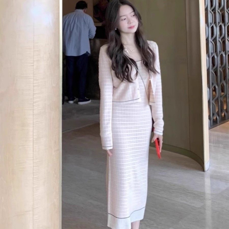 小香风甜美针织开衫女春季修身显瘦内搭收腰吊带裙长裙上衣两件套|undefined