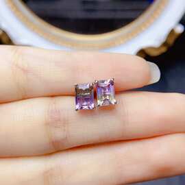 新款天然紫黄晶耳钉S925银镶嵌主石5*7mm百搭网红爆款女饰批发