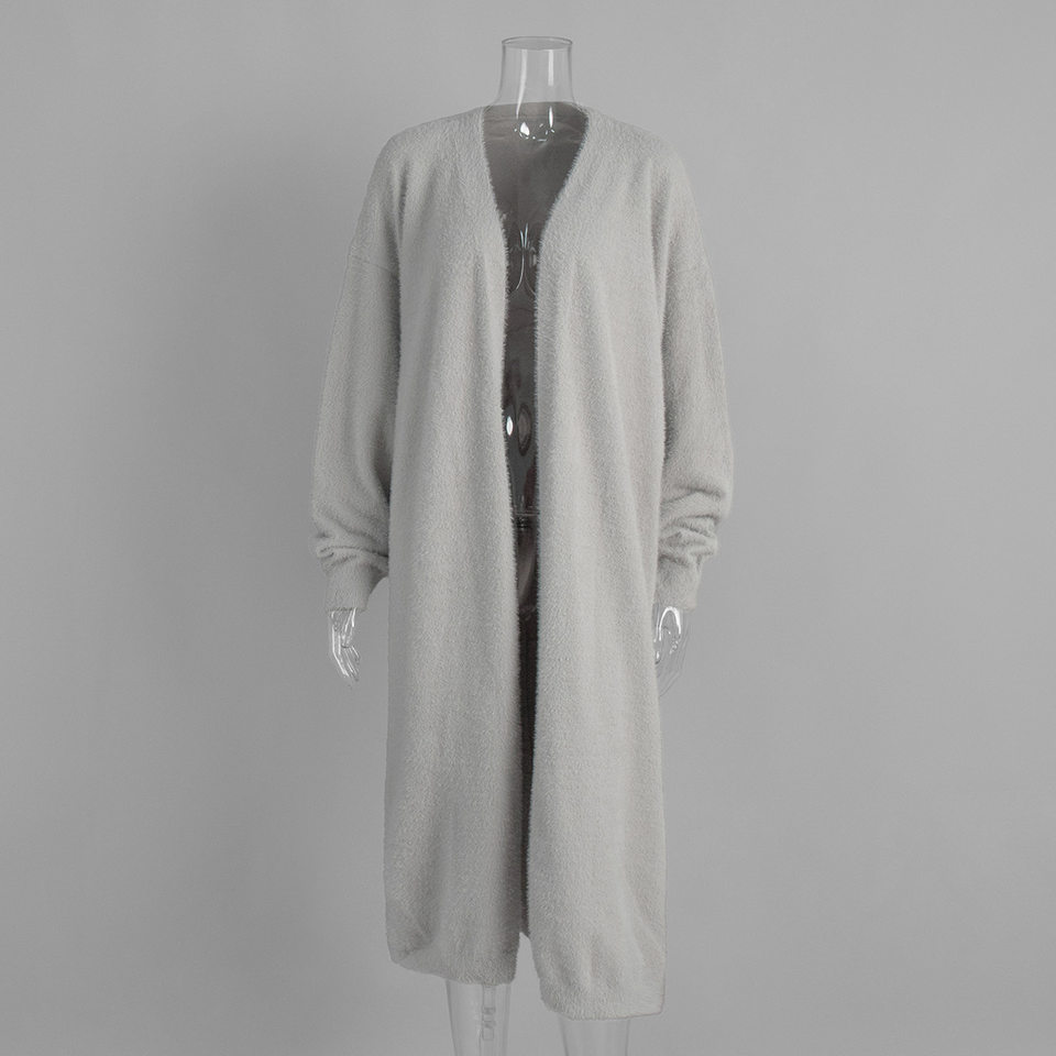 Áo cardigan len lông mềm dáng dài rộng cổ chữ V tay dài — hồng, màu xám, quần kaki chi tiết 13