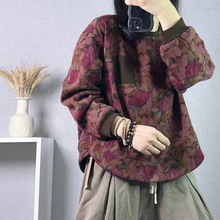 琪镌绘制加绒印花卫衣冬新款复古文艺宽松长袖套头圆领上衣女2557