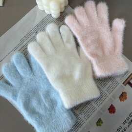 创意纯色毛绒手套 冬季蝴蝶结加厚防寒手套简约骑行防风手套批发