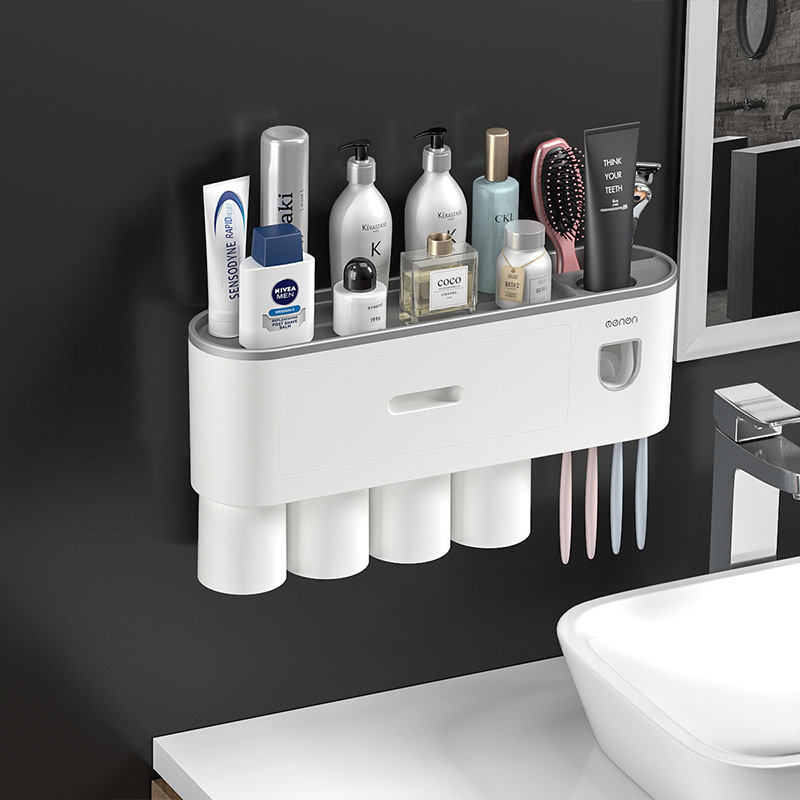 Creative toothbrush rack without punching, mouthwash cup, wall-mounted bathroom storage, automatic toothpaste squeezer set