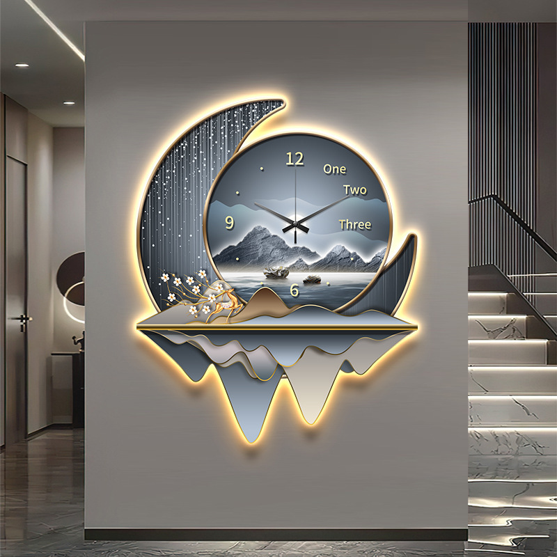 Luz de lujo restaurante decoración pintura creativa reloj lámpara de pared 2025 nuevo reloj de sala de estar pintura de fondo reloj de pared