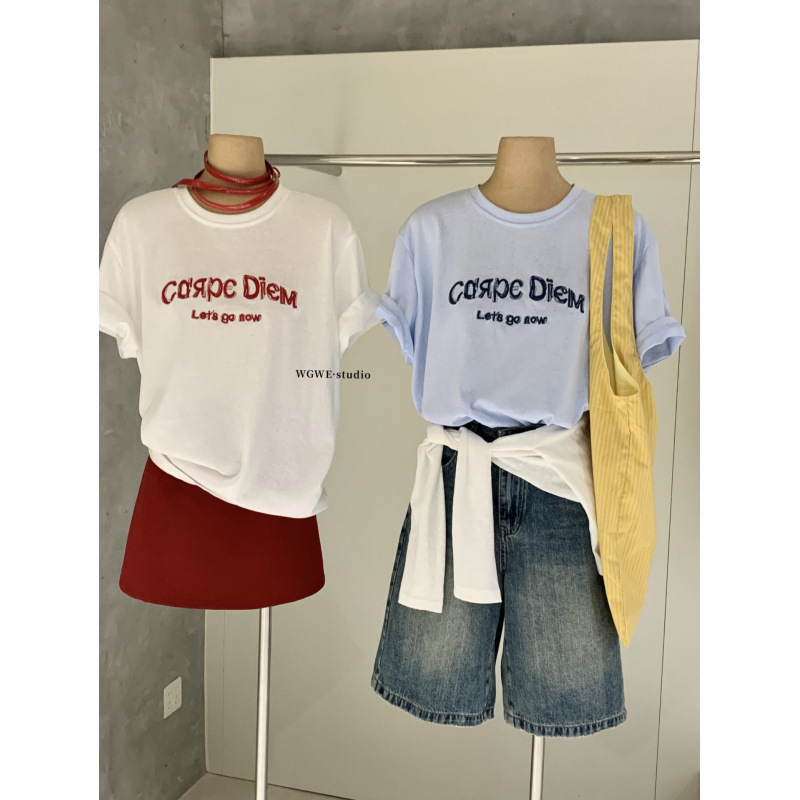 Schnei Wgwe8937 American Retro Three-Dimensional Letter Embroidery Short-Sleeve T-Shirt for Women, Versatile Round Neck Slim-Fit Top Trendy Schnei Wgwe8937 American Retro Three-Dimensional Letter Embroidery Short-Sleeve T-Shirt for Women, Versatile Round Neck Slim-Fit Top Trendy