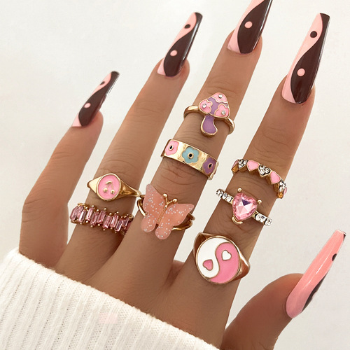 European and American fashionable personalized color oil drip ring Cherry flower love diamond mushroom butterfly ring set 8 pieces